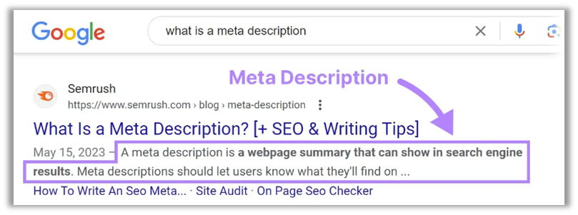 Meta description in search results page