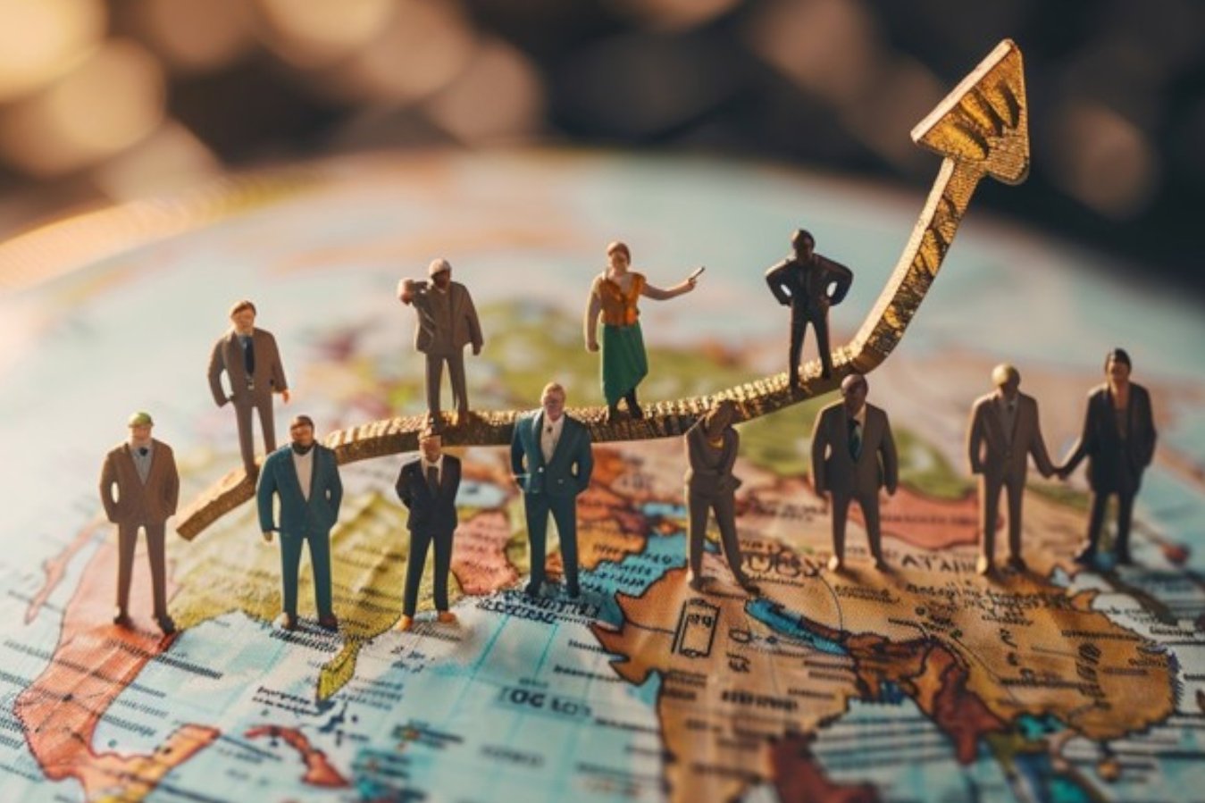 Miniature business figures standing on a world map beside an upward-trending arrow.